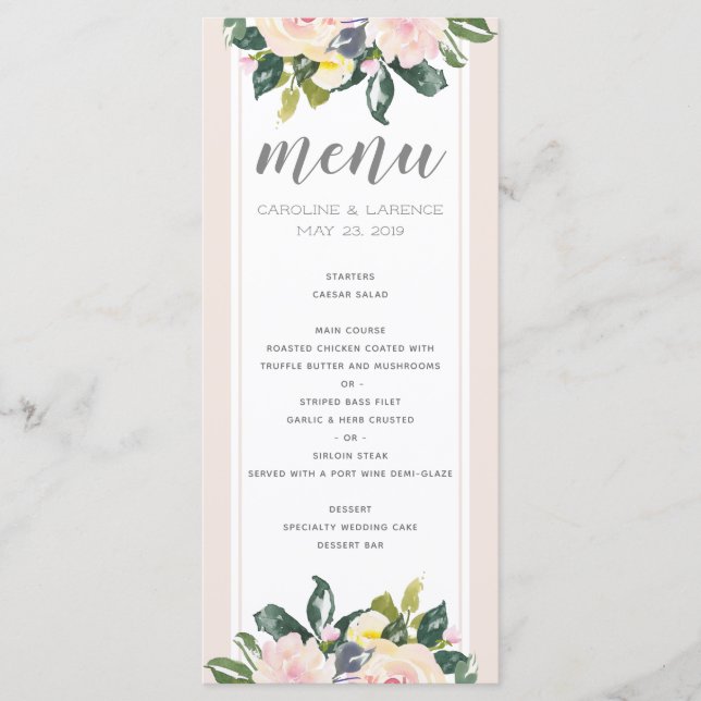 Primavera Floral Blush | Cartão de Menu Casamento (Frente)
