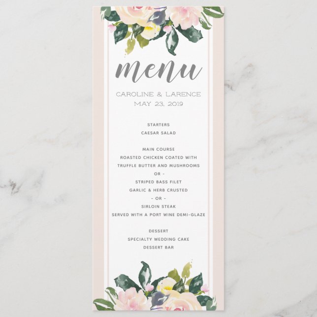 Primavera Floral Blush | Cartão de Menu Casamento (Frente)