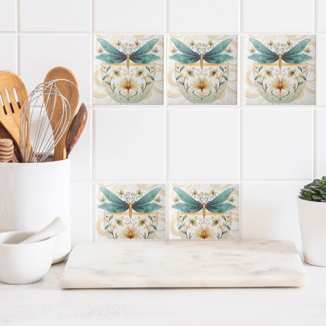Primavera Themed Whimsical Blue e Dragonfly Dourad (Aqua dragonfly and gold swirls ceramic tile for spring kitchen updates )
