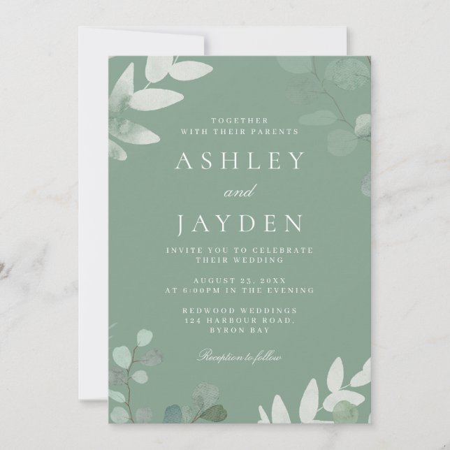 Primavera Verde Folha Moderna Convite para Casamen (Frente)