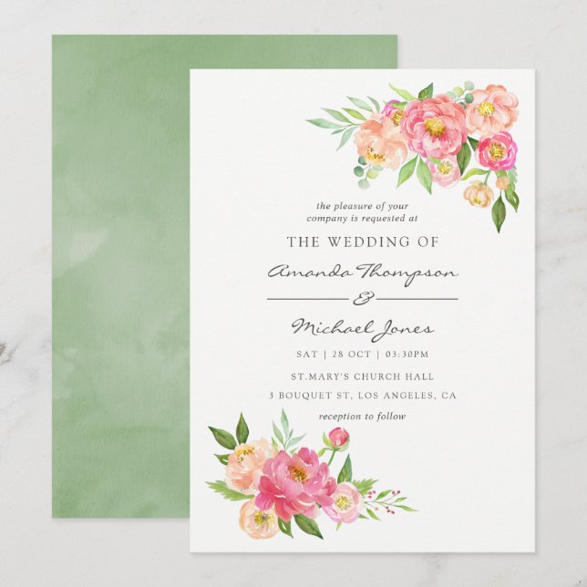Primavera Watercolor Peonies Convite para Casament (Frente/Verso)