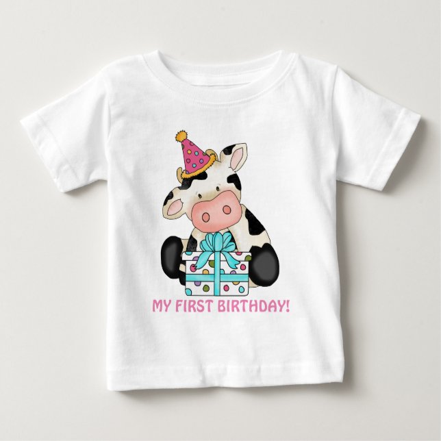 Primeira camiseta de bebê de vaca de aniversário (Frente)