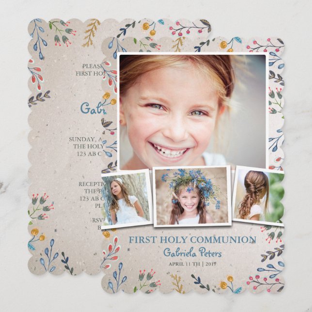 Primeira Comunhão Floral | Convites de Foto (Frente/Verso)