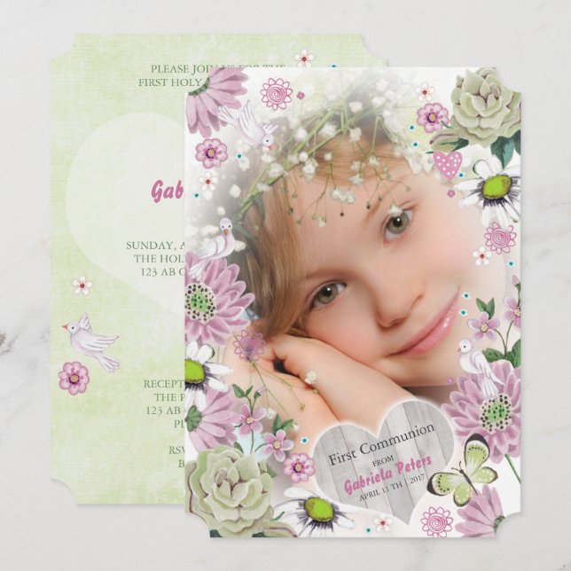 Primeira Comunhão Floral | Convites de Foto (Frente/Verso)