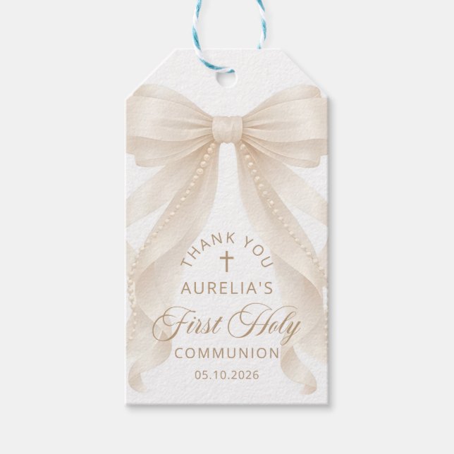 Primeira Comunhão Pérolas Laço Presente Etiquetas (Frente)