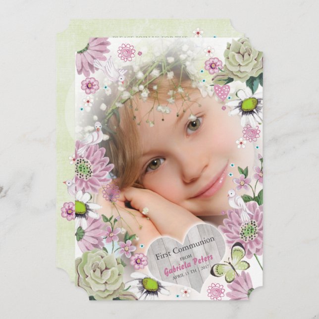 Primeira Comunhão Sagrada Floral | Convites para F (Frente/Verso)