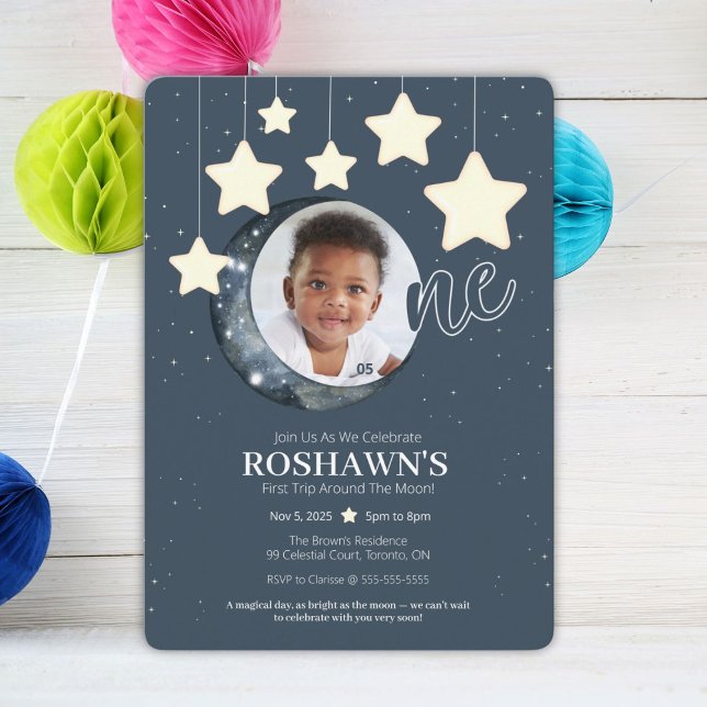 Primeira Viagem Em Torno Do Convite À Lua De Anive (Celebrate your little star’s first trip around the moon with this magical invitation!)
