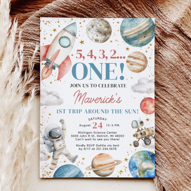 Primeira Viagem em torno do Convite Sun Aniversári (First Trip Around the Sun Birthday Invitation - Boy 1st Birthday - Outer Space Birthday Party)
