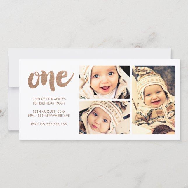 Primeiro aniversario Bronze Cartões de fotos Branc (Frente)