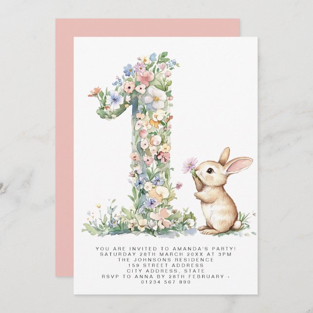 Primeiro Aniversário, Convite Floral Um e Bunny (Frente/Verso)