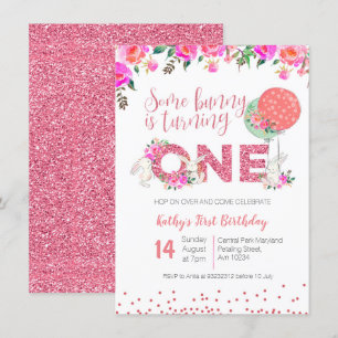 Primeiro aniversario Cony Floral Convite Rosa Bril