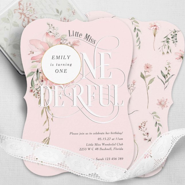 Primeiro aniversario da Menina Onederland (Pink, Girl 1st birthday, LIttle Miss Onederland, Watercolor Wildflower Themed invite.)