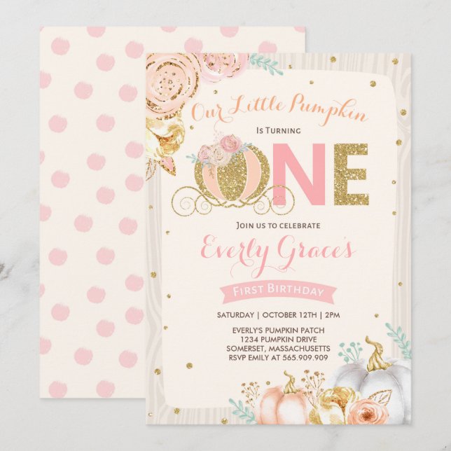 Primeiro aniversario de Abóbora Convite Rosa Russo (Frente/Verso)