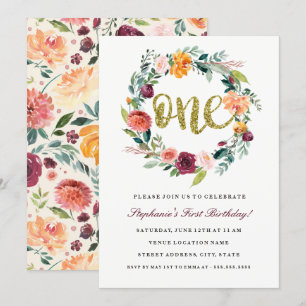 Primeiro Aniversário do Dourado Convite Floral de