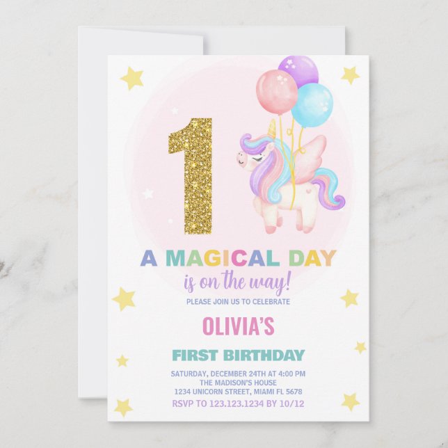Primeiro Aniversário do Unicórn Convites de Aniver (Frente)