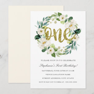 Primeiro Aniversário Dourado Convite Floral Wreath