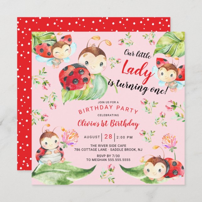 Primeiro aniversario Lady Ladybug Adorável Convite (Frente/Verso)
