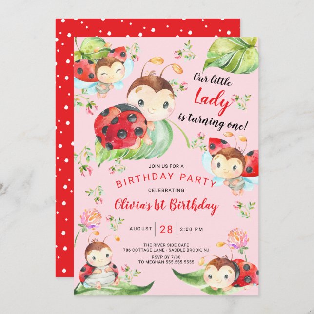 Primeiro aniversario Lady Ladybug Adorável Convite (Frente/Verso)