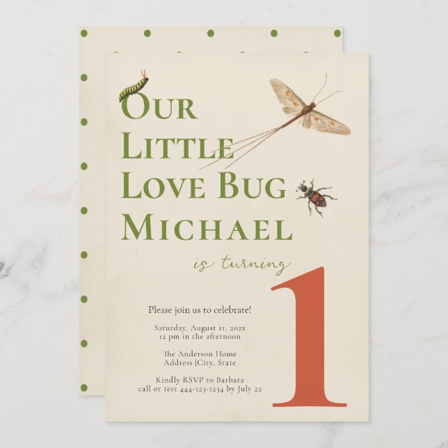 Primeiro Aniversário Pequeno Inseto Amor Convite P (Frente/Verso)