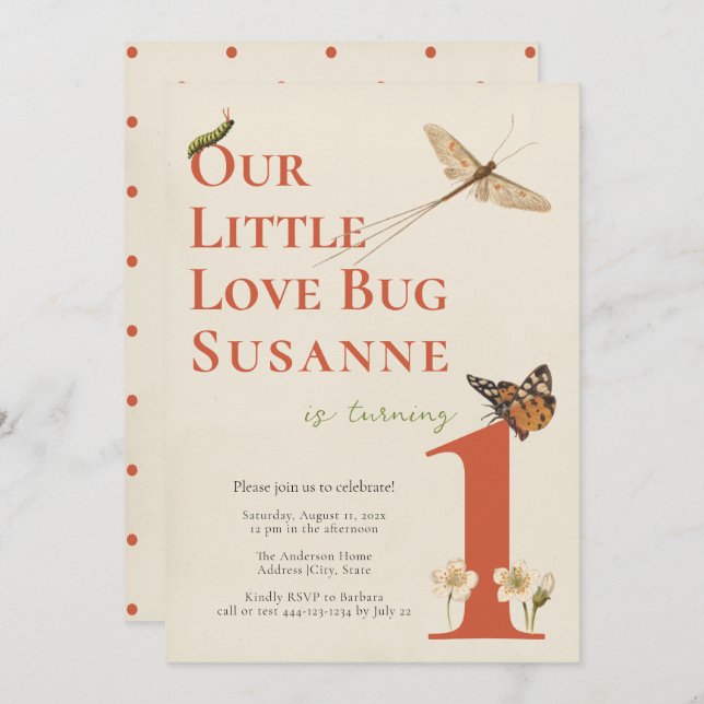 Primeiro Aniversário Pequeno Inseto Amor Convite P (Frente/Verso)
