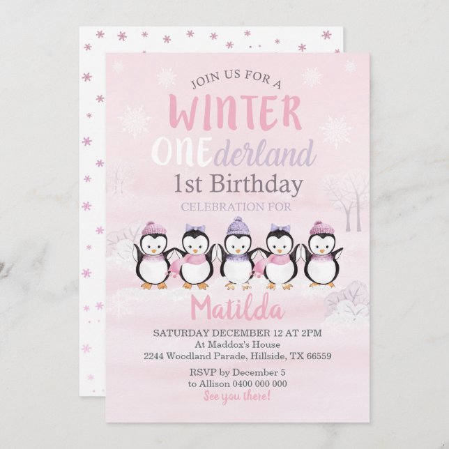 primeiro aniversario Pinguim Convite Winter Oneder (Frente/Verso)