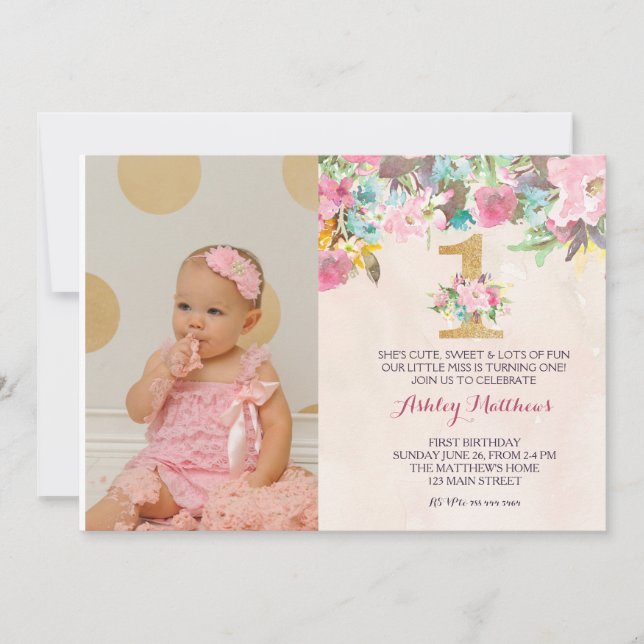 primeiro aniversario PRIMEIRO Belo Convite Floral, (Frente)