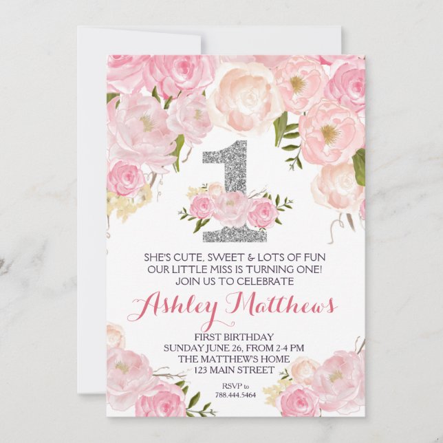 primeiro aniversario PRIMEIRO Belo Convite Floral, (Frente)