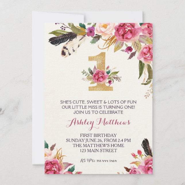primeiro aniversario PRIMEIRO Belo Convite Floral, (Frente)