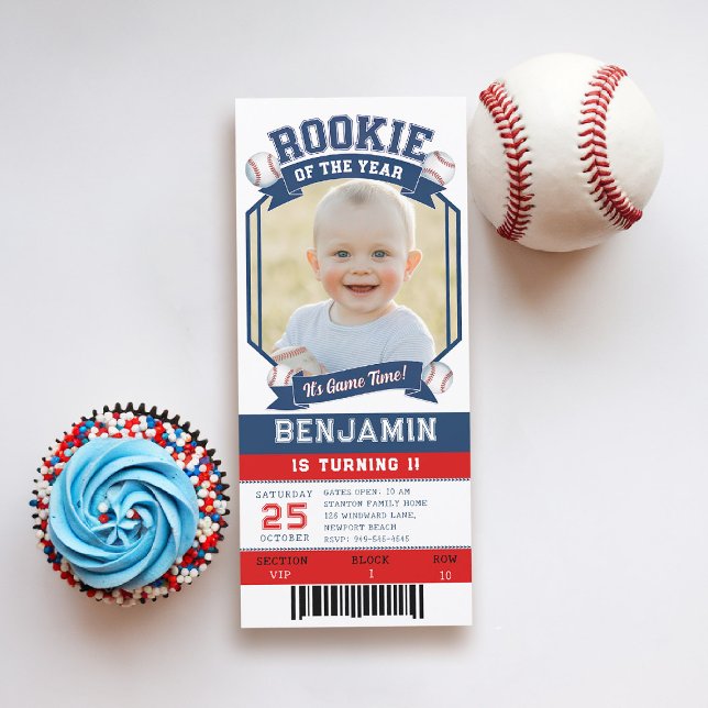 Primeiro aniversario Red Blue Boy Rookie Baseball (rookie of the year 1st birthday invite boy photo template red blue white milestone invitation)