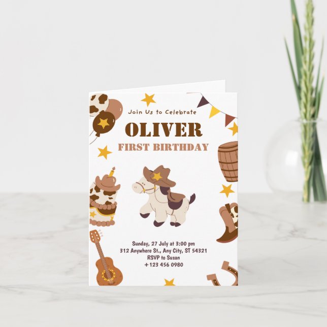 Primeiro Aniversário Rodeio Crianças 1º Cartão Dob (Frente)