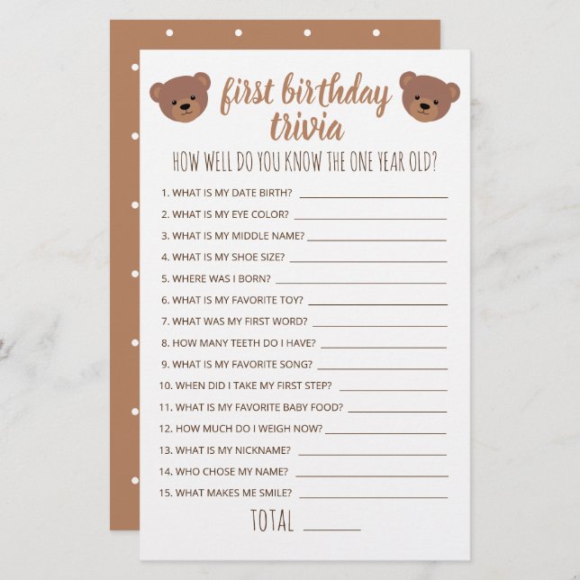 Primeiro Aniversário Trivia Como Você Conhece Bem  (Frente/Verso)
