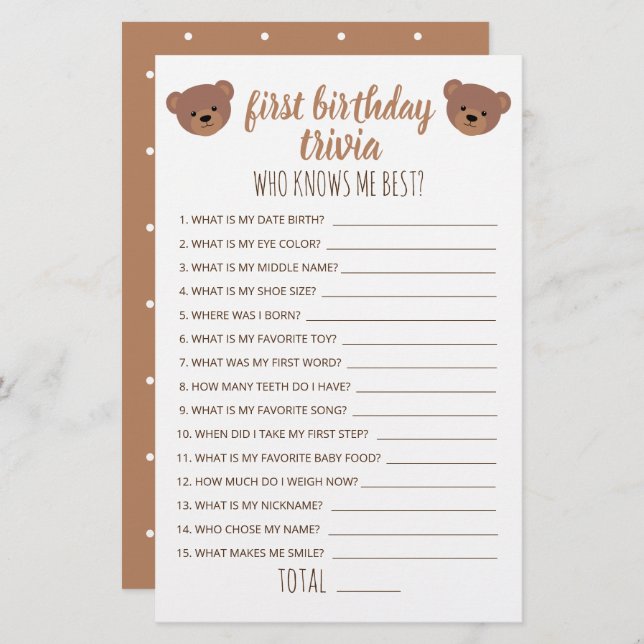 Primeiro Aniversário Trivia Que Me Conhece O Melho (Frente/Verso)