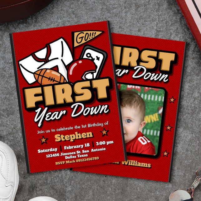 Primeiro Ano Derrubado - Futebol com Convite de Fo (First Year Down - Football with Photo Invitation)
