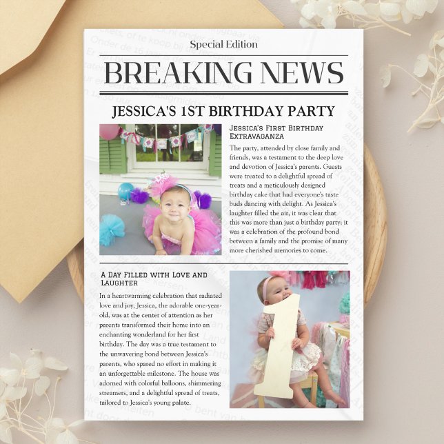Primeiro Anúncio de aniversário do Breaking News (milestone celebration postcard, unique baby announcement, photo memory card, birthday party )