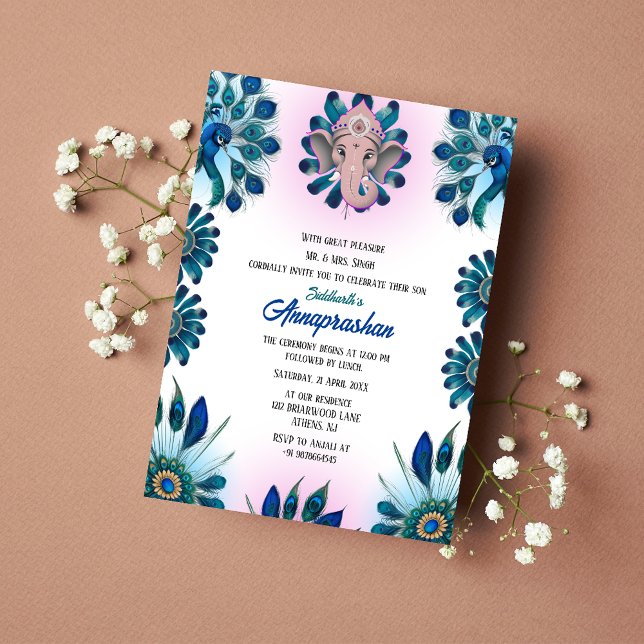 Primeiro Arroz "Annaprashan" Convite à Pavão India (Criador carregado)