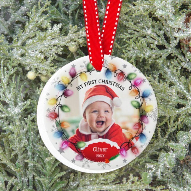 Primeiro Bebê de Natal 2 Lados Enfeite com Duas Fo (Cute First Christmas Baby Ornament)