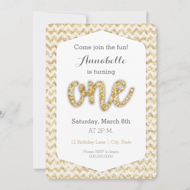 Primeiro Cartão de Aniversário do Glitter Dourado (Frente)