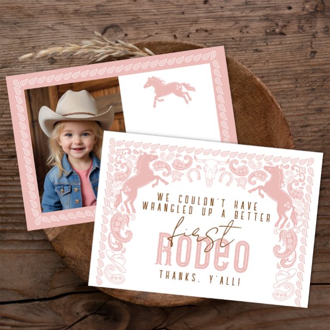 Primeiro Cartões de agradecimentos de Aniversário  (Pink 1st Rodeo Birthday Thank You Card)