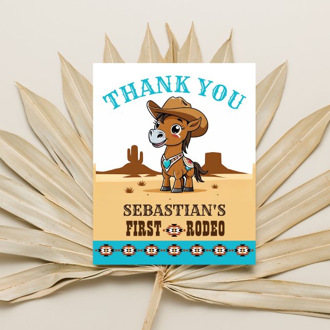 Primeiro cartões de agradecimentos de aniversário  (First rodeo birthday party thank you card cute baby horse cowboy Arizona landscape thank you card)