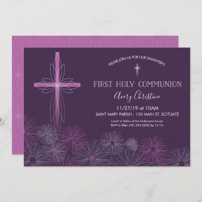 Primeiro Convite à Comunhão - Floral feminino (Frente/Verso)