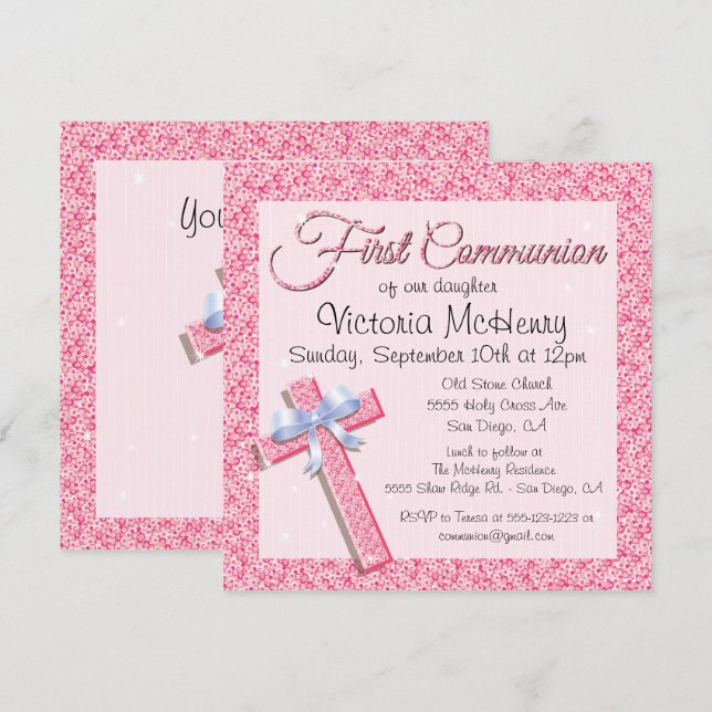 Primeiro Convite à Primeira Comunhão de Glittering (Frente/Verso)