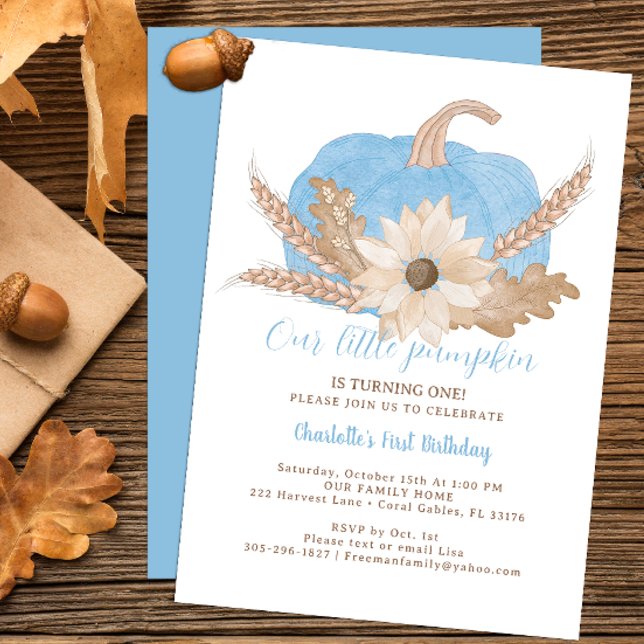Primeiro Convite de Aniversário de Abóbora Azul (blue pumpkin fall birthday party invitation)