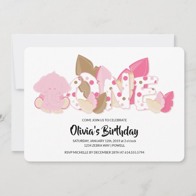 Primeiro Convite de aniversário de Elefante Rosa (Frente)