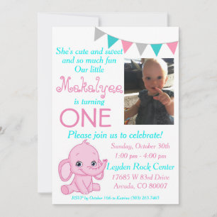 Primeiro Convite de aniversário de Elefante Rosa