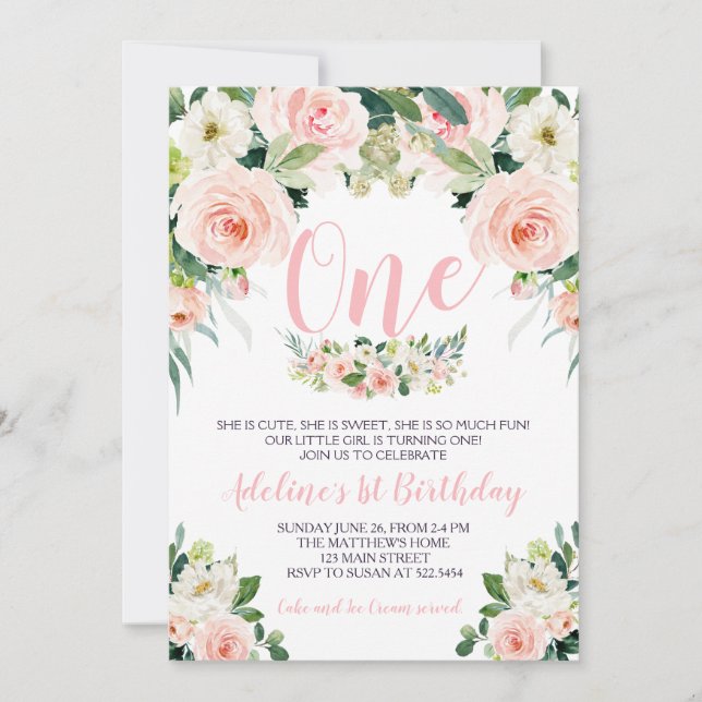 Primeiro convite de aniversário de flor rosa (Frente)