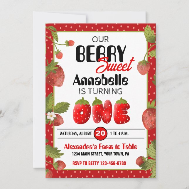 Primeiro Convite de aniversário de Morango (Frente)