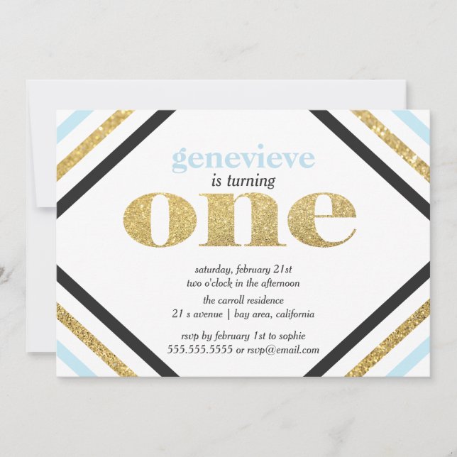 Primeiro Convite De Aniversário Do Glitter Dourado (Frente)