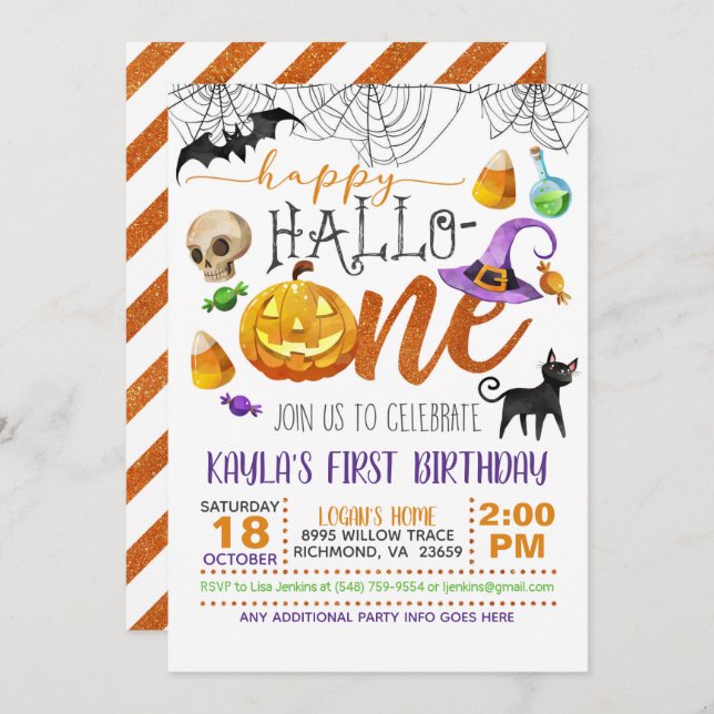 Primeiro Convite de Aniversário do Halloween (Frente/Verso)