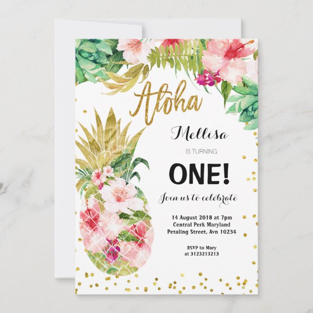 Primeiro Convite de Aniversário do Luau Dourado Pi (Frente)