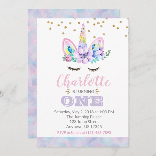 Primeiro Convite de Aniversário do Unicórn - Cores (Frente/Verso)